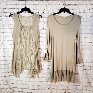 Indigo Soul Tan 2 Piece Long Roll Tab Sleeve Midi Dress Laced Overlay Size M